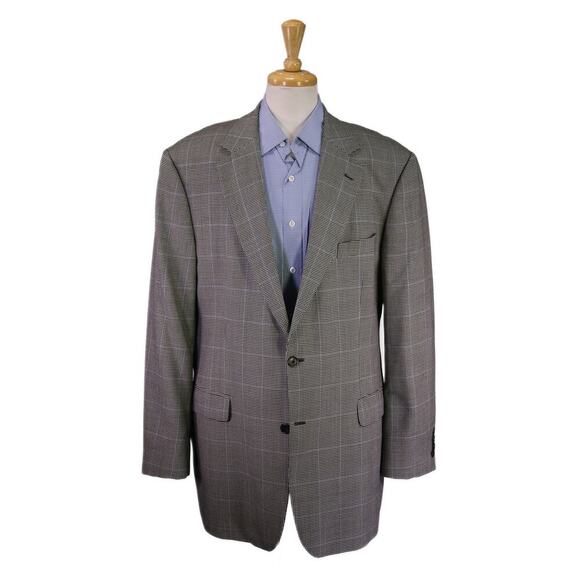 Brooks Brothers Black White Blue Houndstooth Windowpane Wool 2-Btn Sportcoat 46L